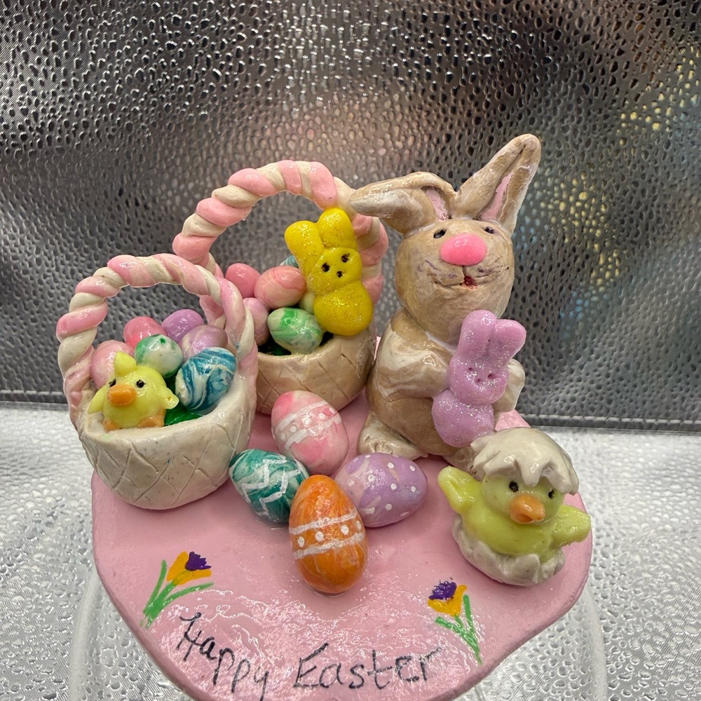 Handmade Easter Bunny and Basket Figurine scene